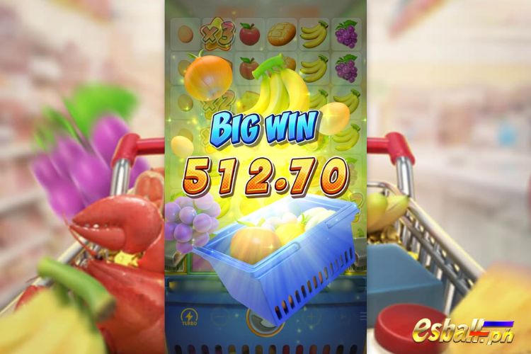 Bet 90 pesos and win 512.7 pesos on PG Supermarket Spree Big Win.