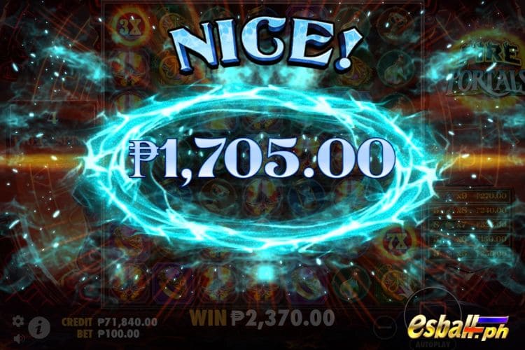 Bet 100 pesos and win 1,705 pesos on Fire Portals Big Win.