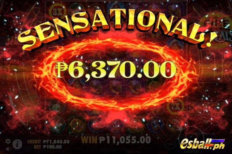 Bet 100 pesos and win 6,370 pesos on Fire Portals Big Win.
